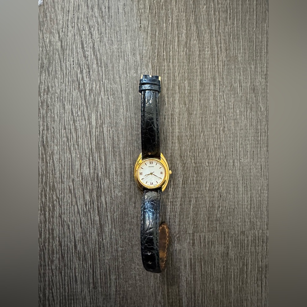 Seiko Gold and Black Leather Watch